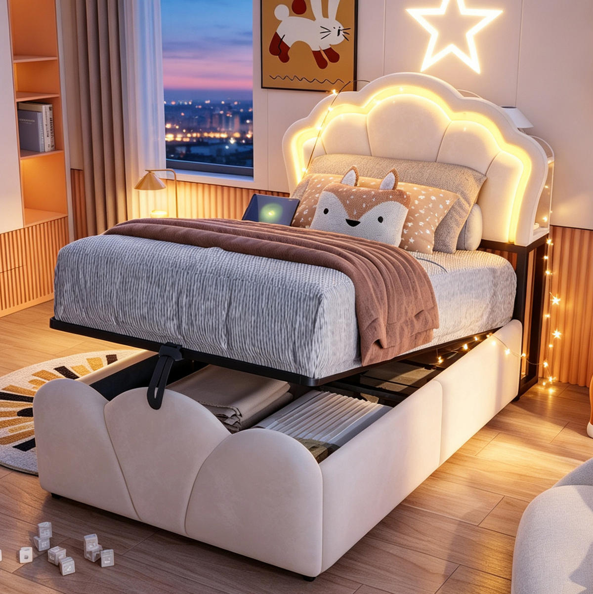 POLSTERBETT 90x200 cm in Beige mit LED-Beleuchtung, Steckdosen und Bettkasten - Beige, Textil (90/200cm) - IVMEU