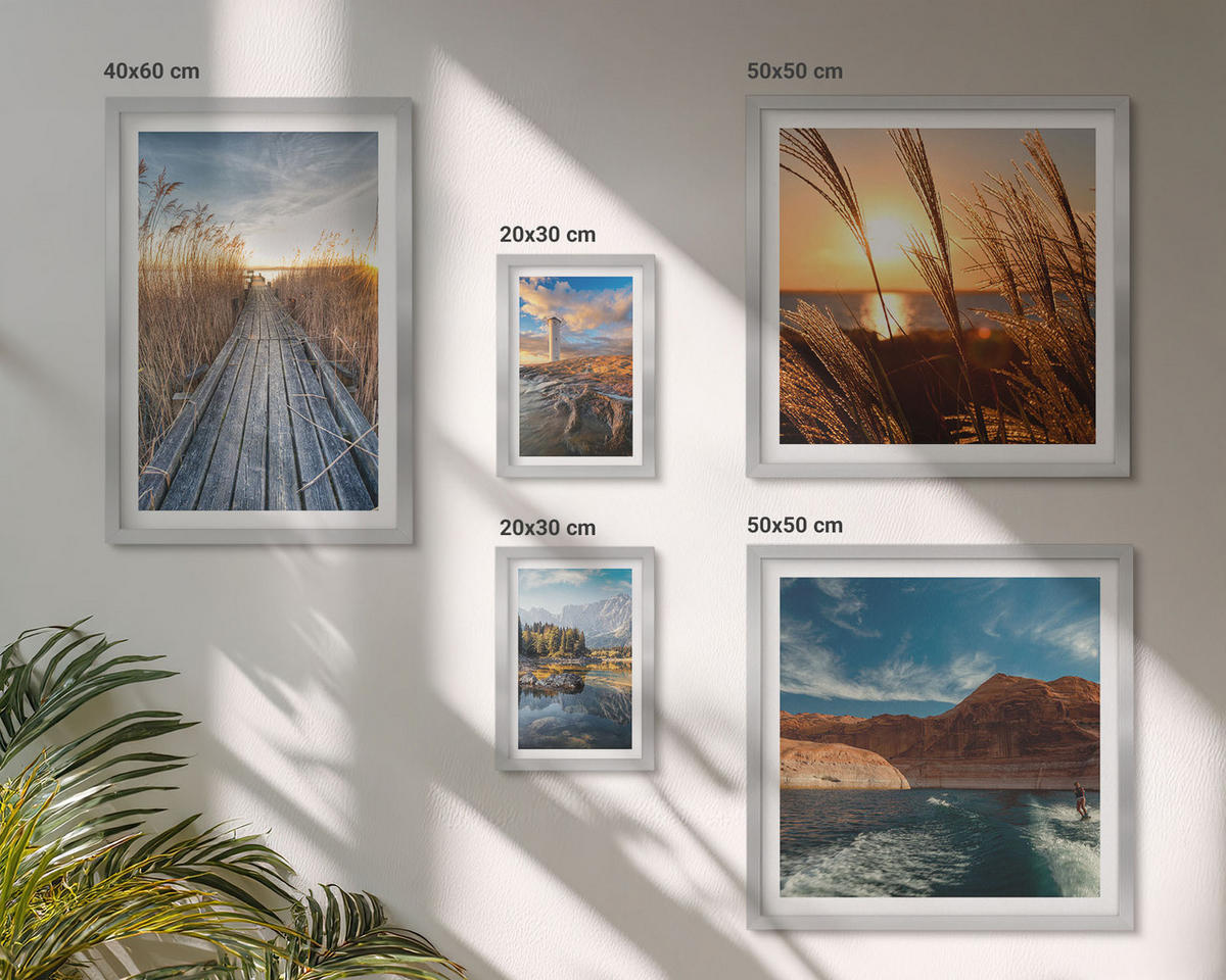 BILDER SET 5er Set - 50x50 cm & 20x30 cm & 40x60 cm Silberner Rahmen - Leuchtturm-Grassteg - Silberfarben, Kunststoff (40/60cm) - TULUP