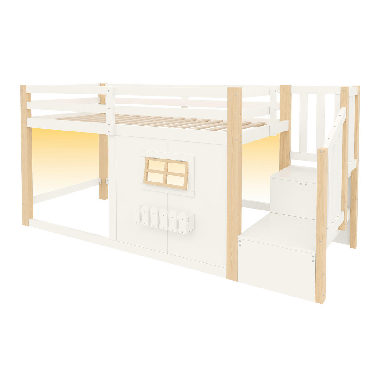 HOCHBETT 90/200 cm mit LED und Stauraumtreppe, DE-42010, in Natur/Weiß - Naturfarben, Holzwerkstoff (90/200cm) - ComfortXL