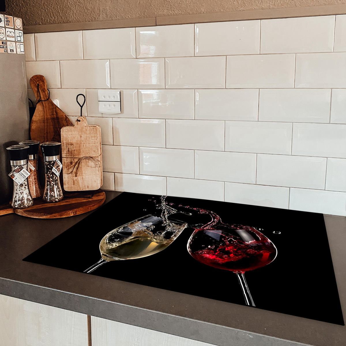 HERDABDECKPLATTE Rotwein - Weißwein - Glas - Schwarz 75x52 cm - Weinrot, Kunststoff (75/52/0.2cm) - MuchoWow