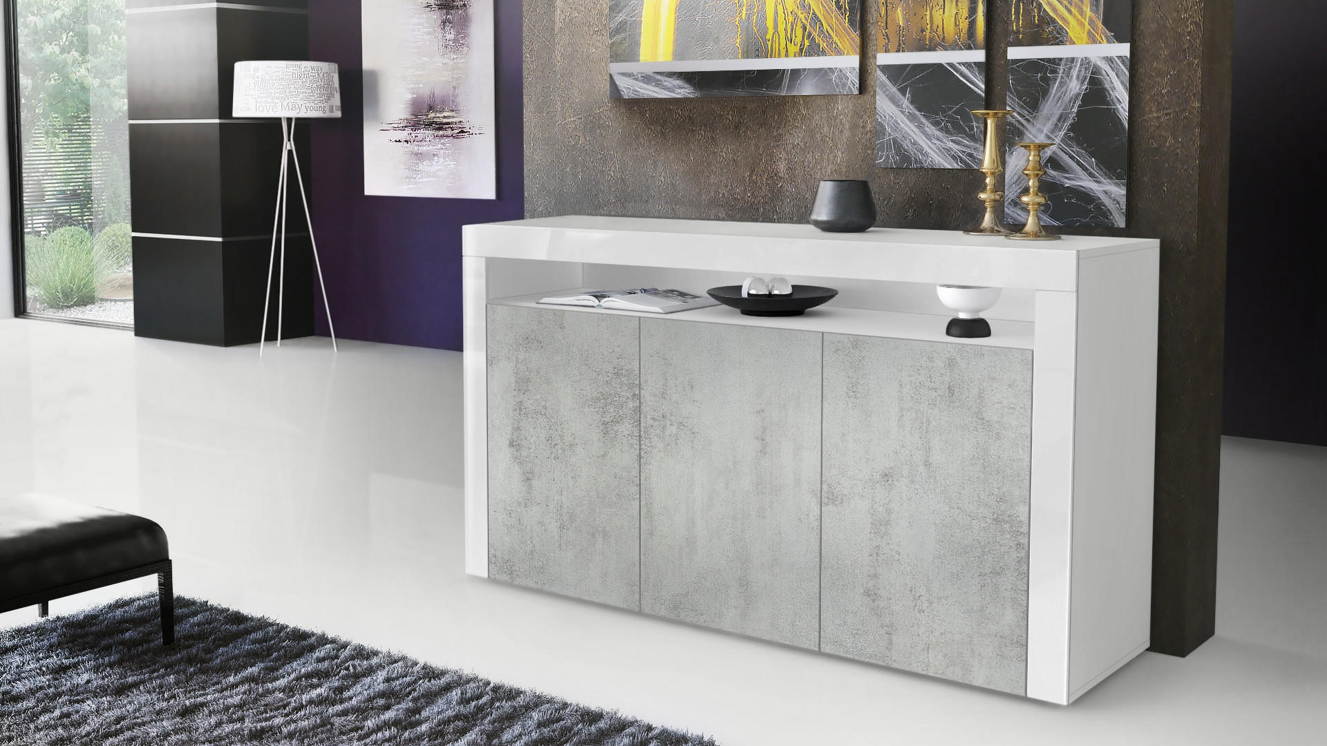 SIDEBOARD Valencia Beton Oxid Optik / Weiß Hochglanz - Hellgrau, Holzwerkstoff (155/92/40cm) - Vladon