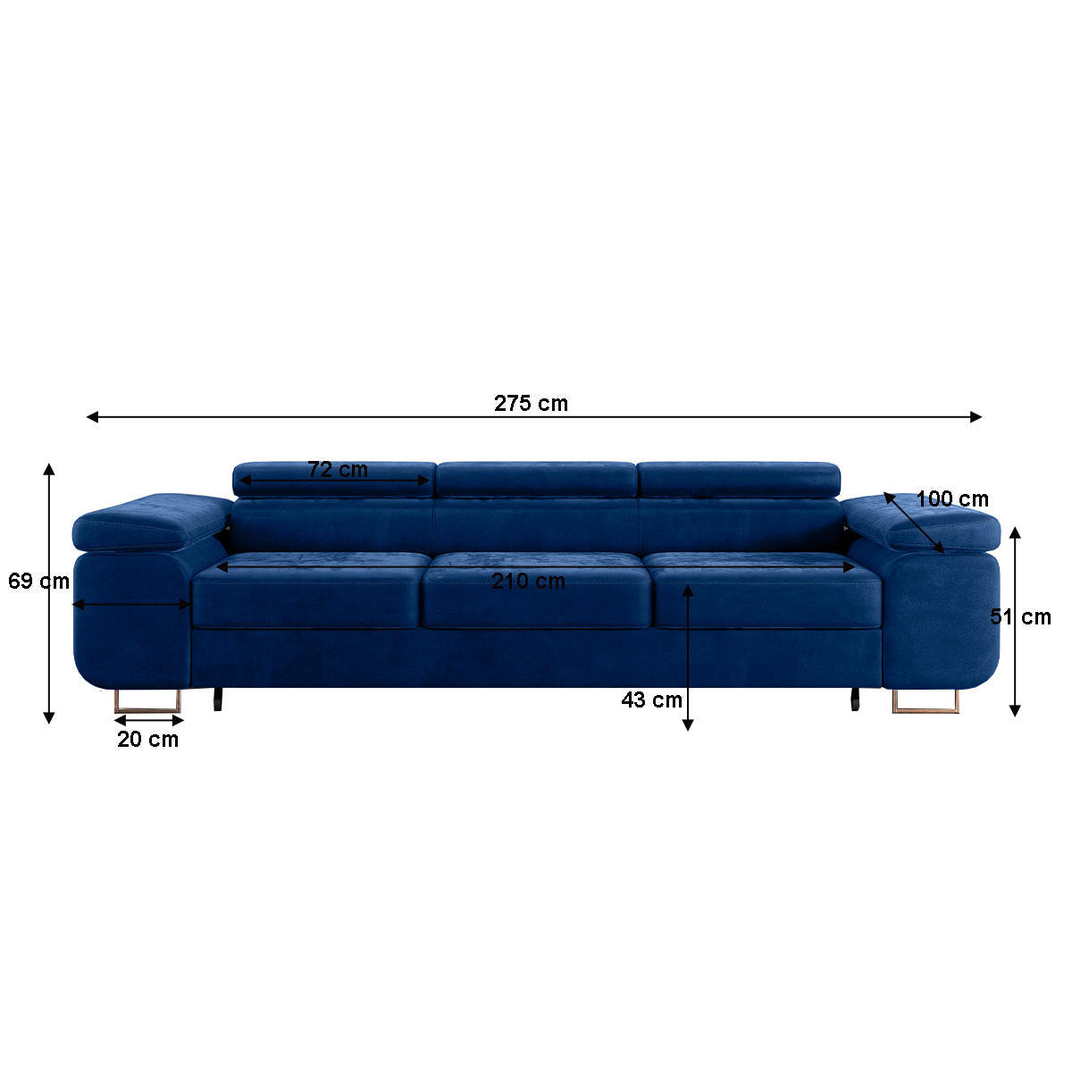 SCHLAFSOFA Lyam 3 Sitzplätze Blau - Blau, Holzwerkstoff (275/69/100cm) - Petits-meubles