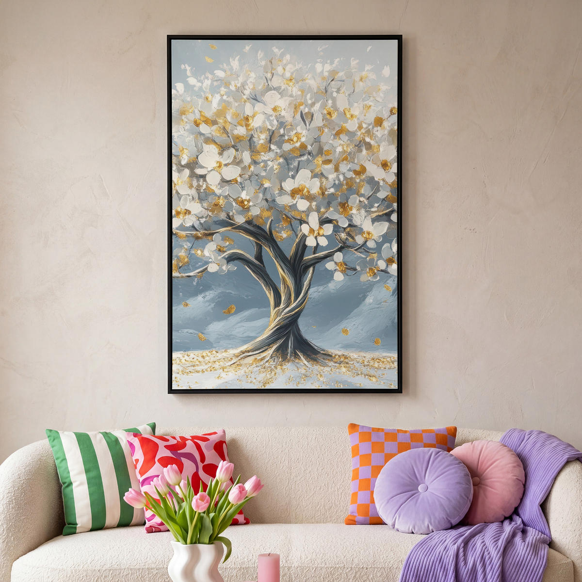 LEINWAND Bilder mit Rahmen - Baum - Winter - Baum des Lebens - Modern - Gold - 100x150 - Goldfarben, Textil (100/150cm) - MuchoWow