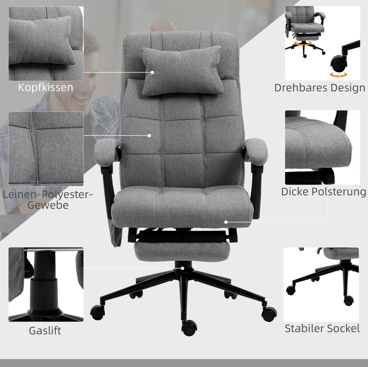BÜROSTUHL mit Massagefunktion höhenverstellbar Grau - Grau, Kunststoff (76/120/66cm) - Meubliv