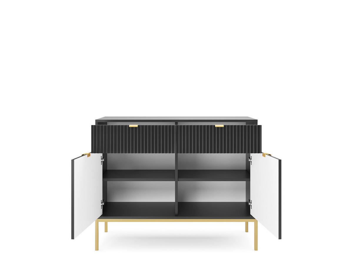 KOMMODE NOVA, Geriffelte Front, 2-Türen, 2-Schubladen 104x39x83 cm, Schwarz - Goldfarben/Schwarz, Holzwerkstoff/Kunststoff (104/83/39cm) - DomoHome