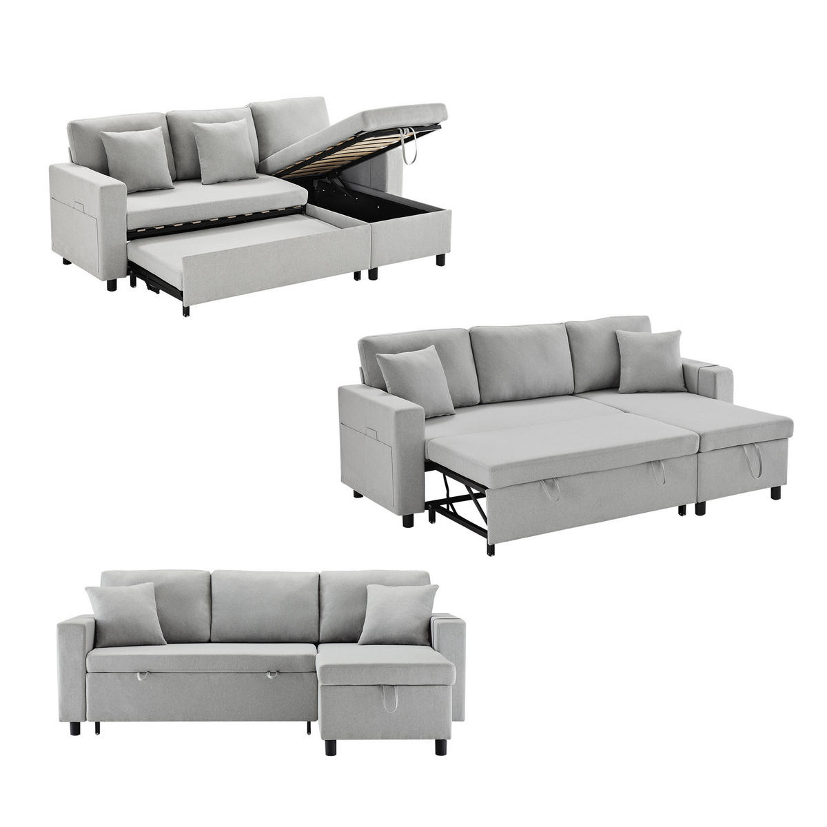 ECKSOFA L-Form mit Chaiselongue & Stauraum grau Leinen 219,5/142,5/83 cm - Grau, Textil (219.5/142.5cm) - OKWISH