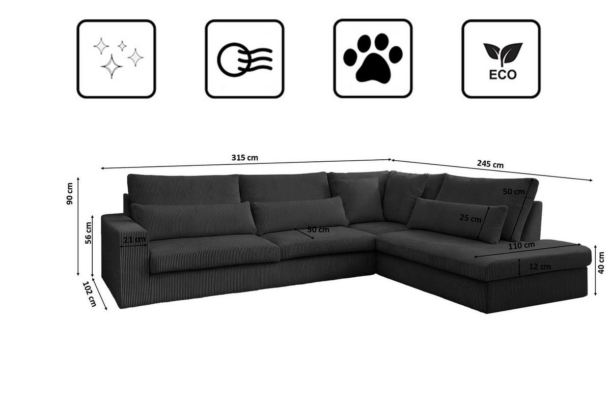 ECKSOFA L-Form SVEN Stoff Poso Graphit Rechts - Anthrazit, Textil (315/245cm) - Kaiser Möbel