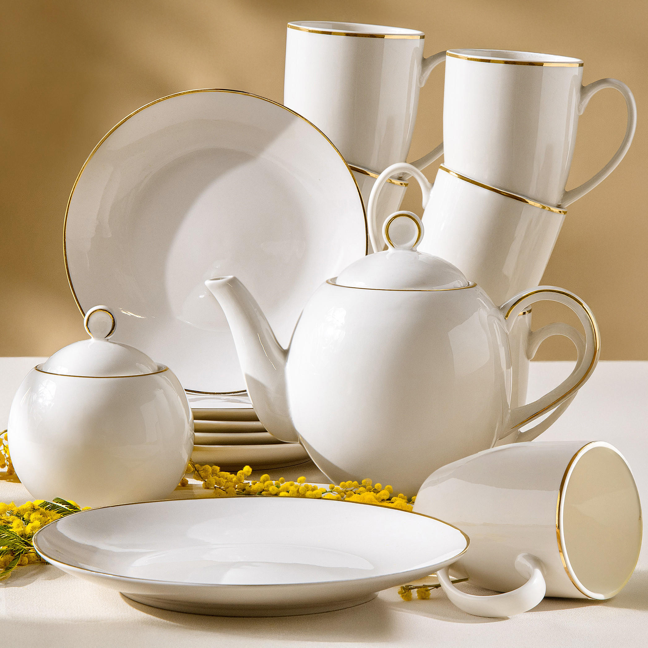 TEESERVICE AD BELLA, 6 Personen, 14-tlg - Ecru/Goldfarben, Keramik (20/16/20cm) - KONSIMO®