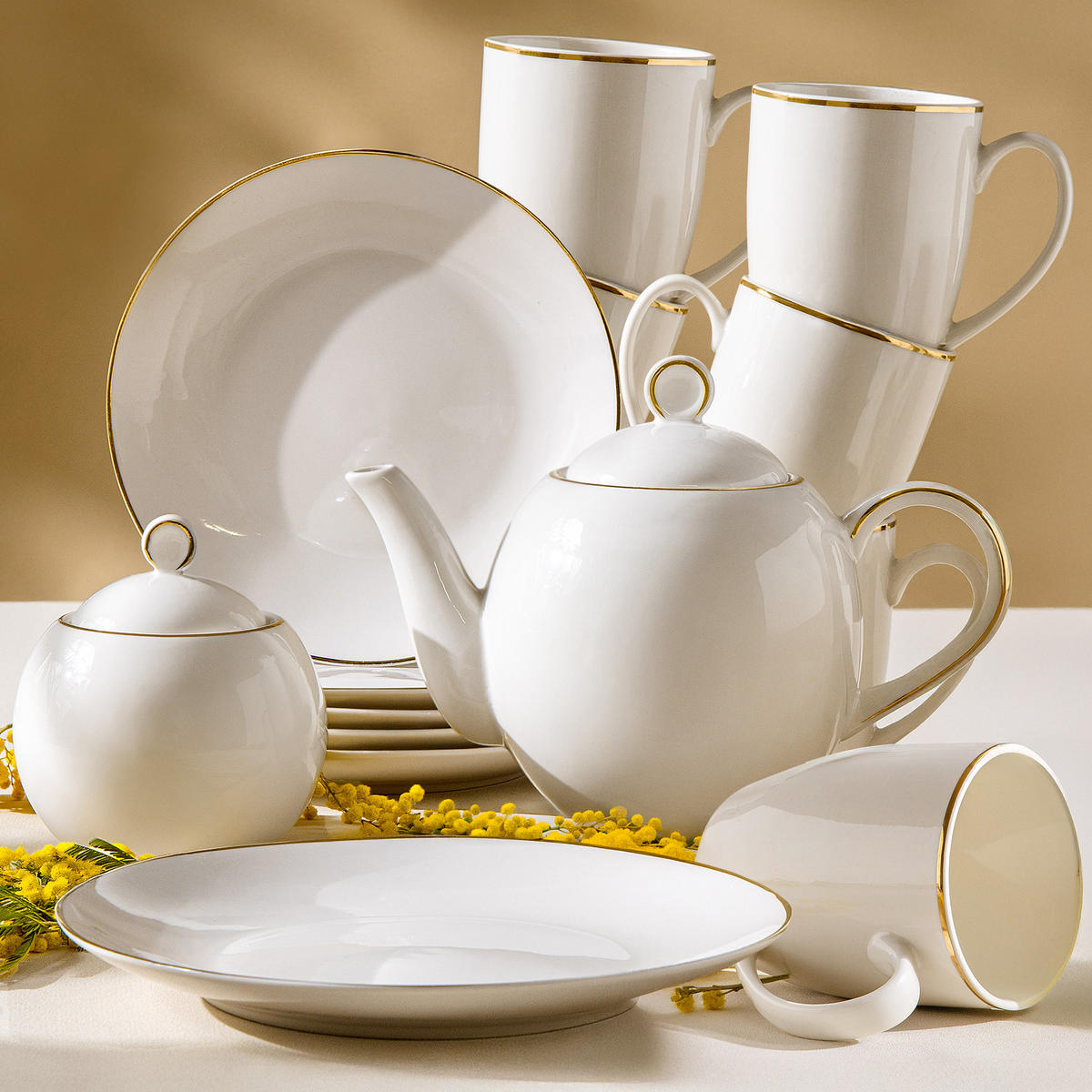 TEESERVICE AD BELLA, 6 Personen, 14-tlg - Ecru/Goldfarben, Keramik (20/16/20cm) - KONSIMO®