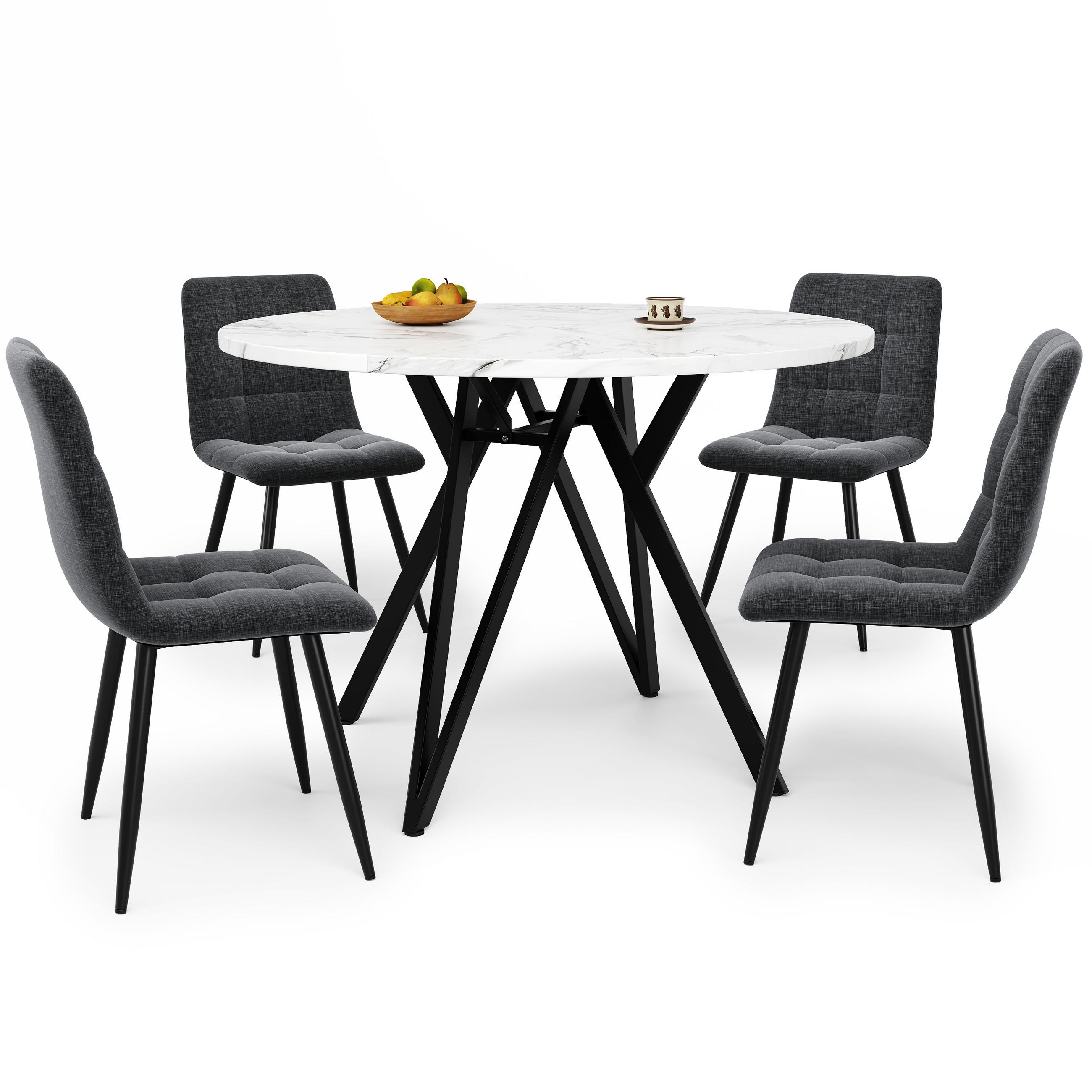 ESSTISCHSET 5-Teilig Rund 100 Cm, MDF Marmor, 4 Graue Leinenstühle, Schwarz - Schwarz, Naturmaterialen (68/14.5/97.51cm) - FLIEKS