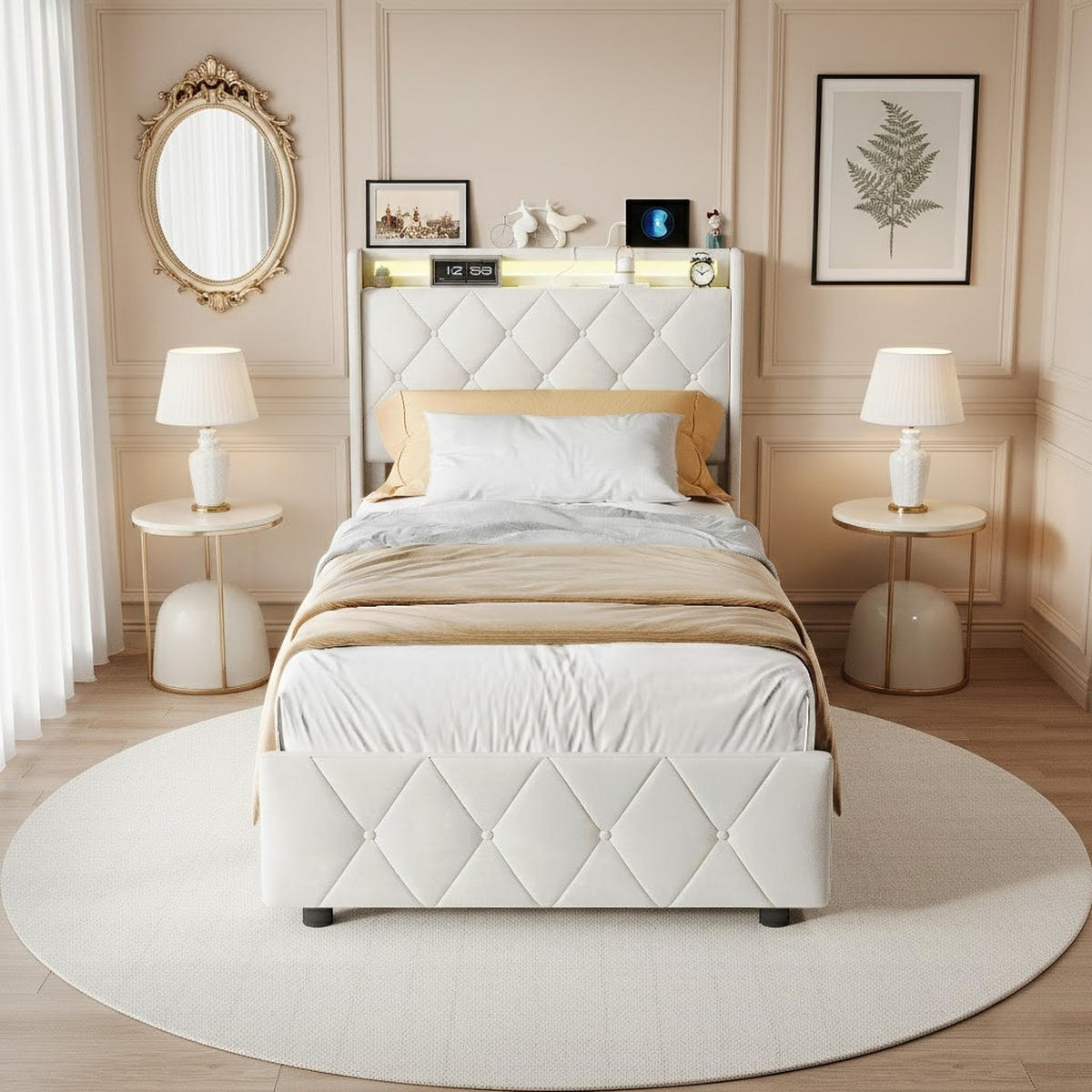 POLSTERBETT 90x200 cm mit LED und USB-Anschluss, 2 Schubladen de Stauraum, Bettgestell aus Leinen, Inklusive Lattenrost - Beige - Beige, Holzwerkstoff (90/200cm) - Brevoria