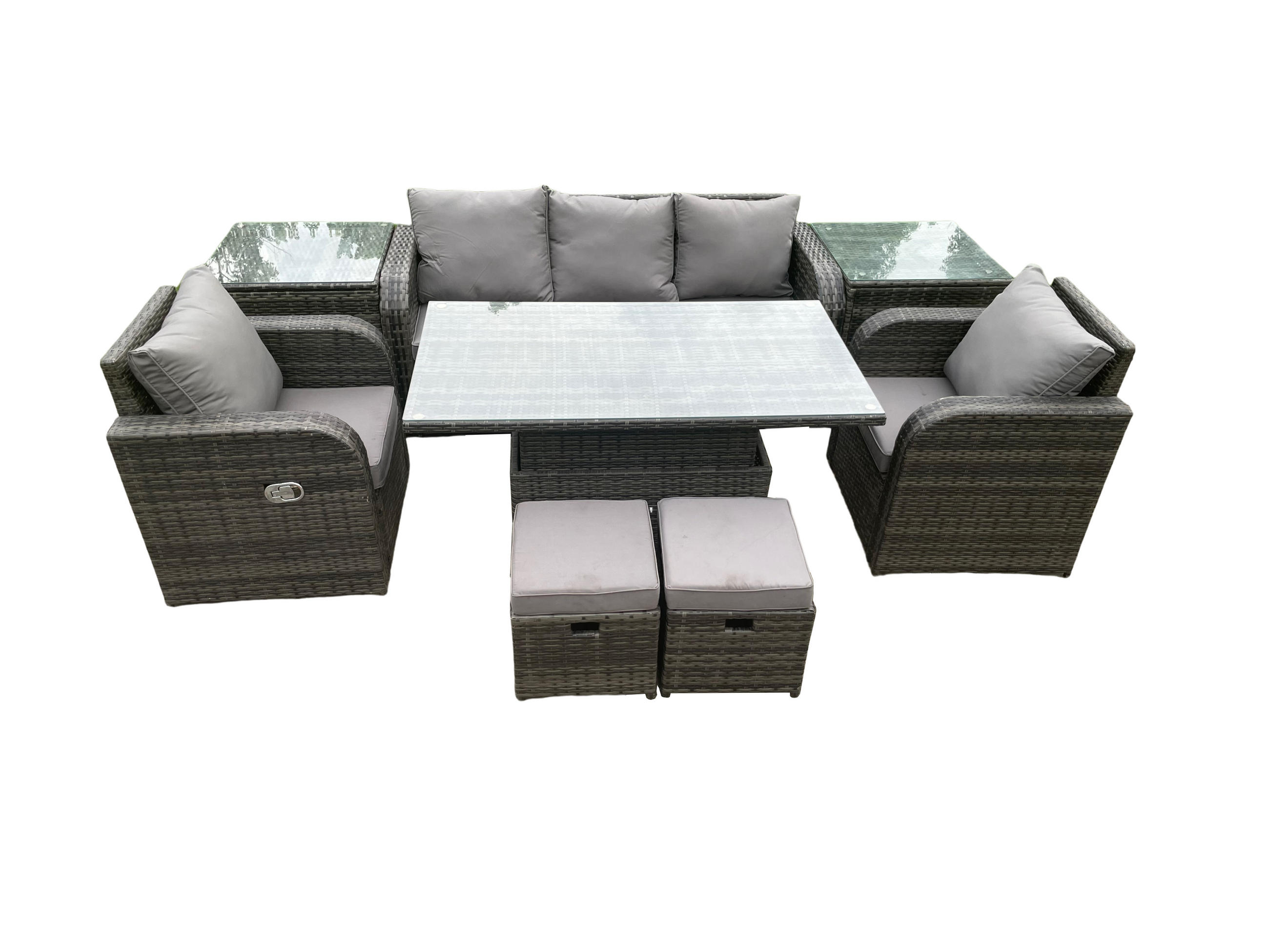SITZGRUPPE GARTENSET Polyrattan Outdoor 7-Sitzer - Dunkelgrau/Grau, Glas/Kunststoff - Fimous