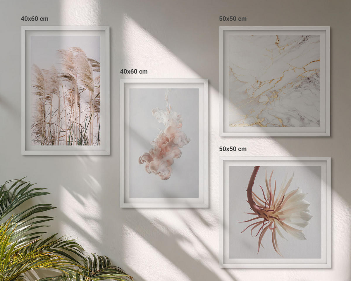 BILDER SET 4er Set - 50x50 cm & 40x60 cm Weißer Rahmen - Elegante Gräser, Blumen, Marmor - Weiß, Kunststoff (50/50cm) - TULUP
