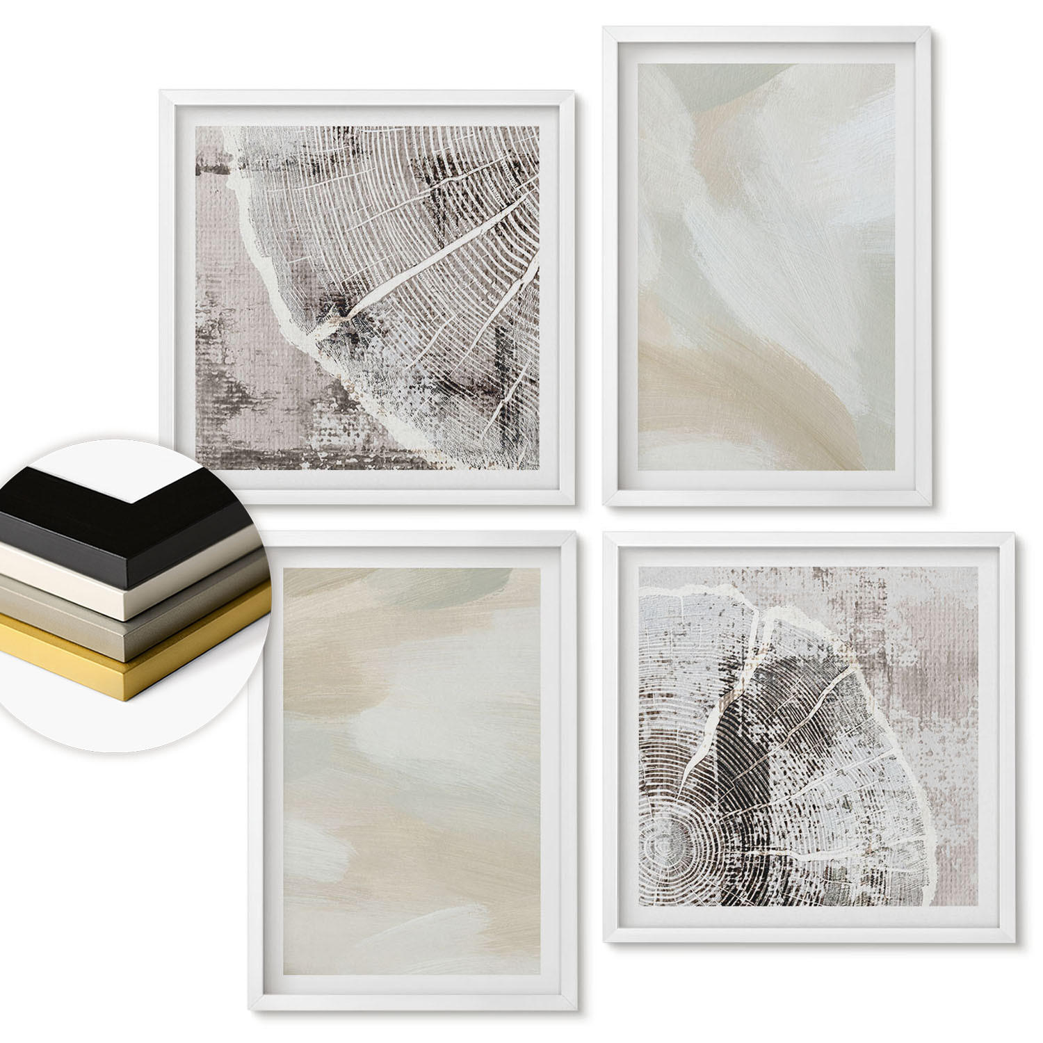 WANDBILDER 4er-Set - 50x50 cm & 40x60 cm Weißer Rahmen - Minimalismus der Farbstruktur - Weiß, Kunststoff (50/50cm) - ArtPrintCave