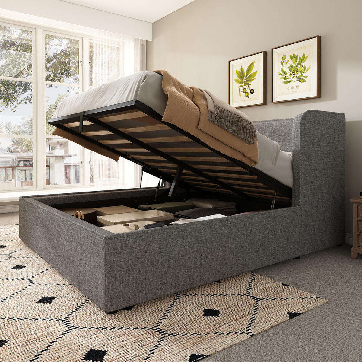 POLSTERBETT 160x200cm Doppelbett Hydraulik-Stauraum Leinen Bezug Grau - Grau, Holz - FLIEKS