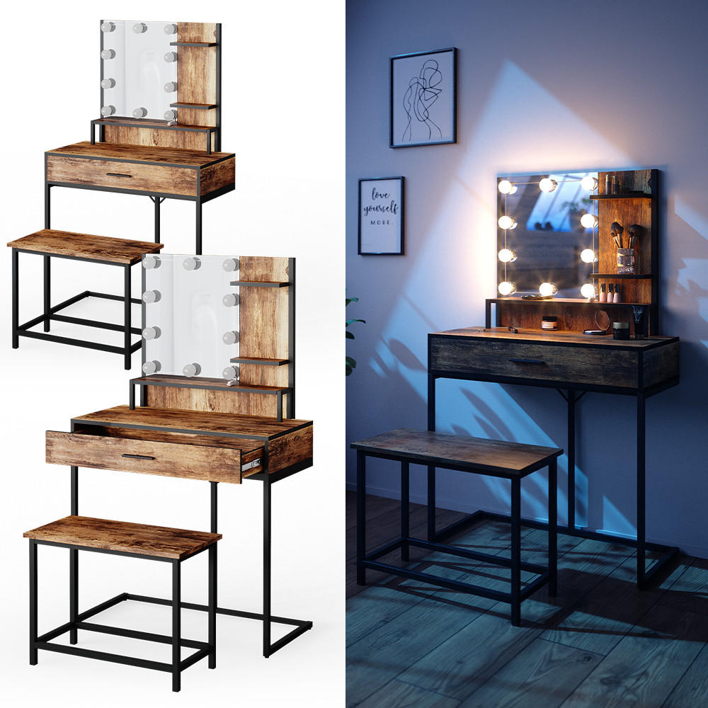 SCHMINKTISCH Fyrk Antikholz 80 cm mit LED Beleuchtung und Stuhl - Eichefarben/Schwarz, Holzwerkstoff (80/135.5/40cm) - Vicco