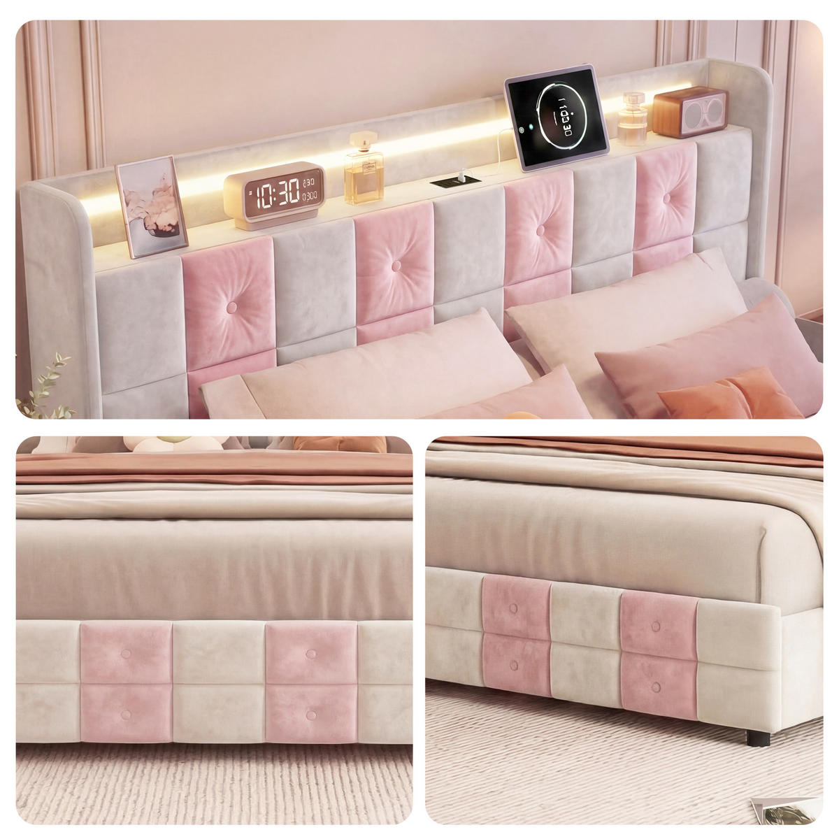 POLSTERBETT 140/200 cm Rosa/Beige mit 2 Schubladen, LED-Kopfteil mit Ablage und USB-Anschluss - Rosa, Metall (140/200cm) - EuroLiving