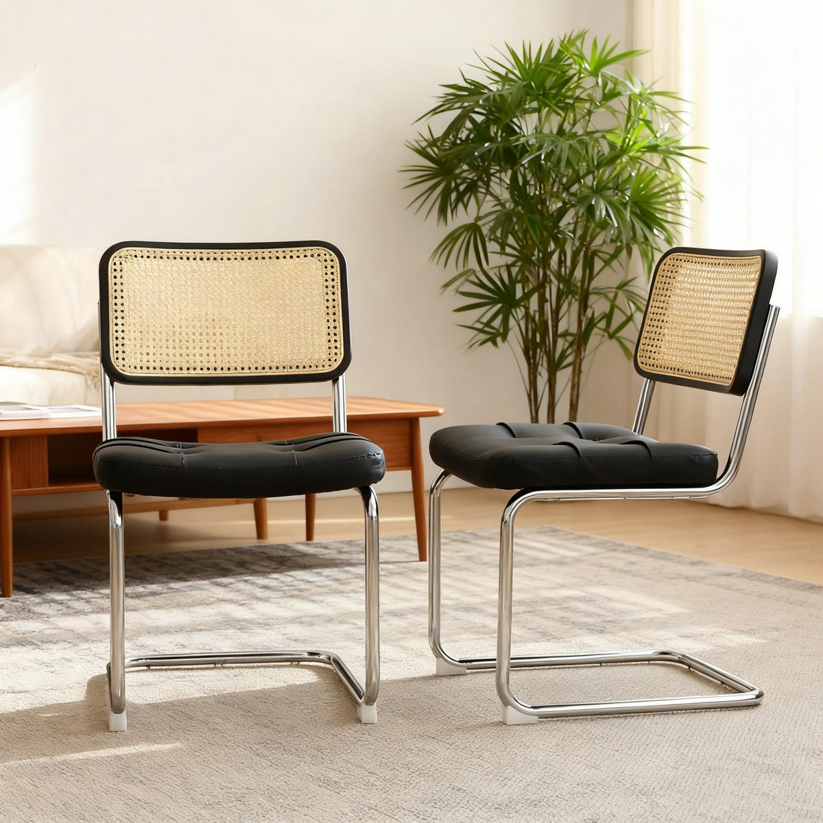 SCHWINGSTUHL 2-er Set,Freischwinger,Esszimmerstuhl,Leder-Schwarz - Schwarz, Metall (46.4/84.6/53cm) - LVHOM