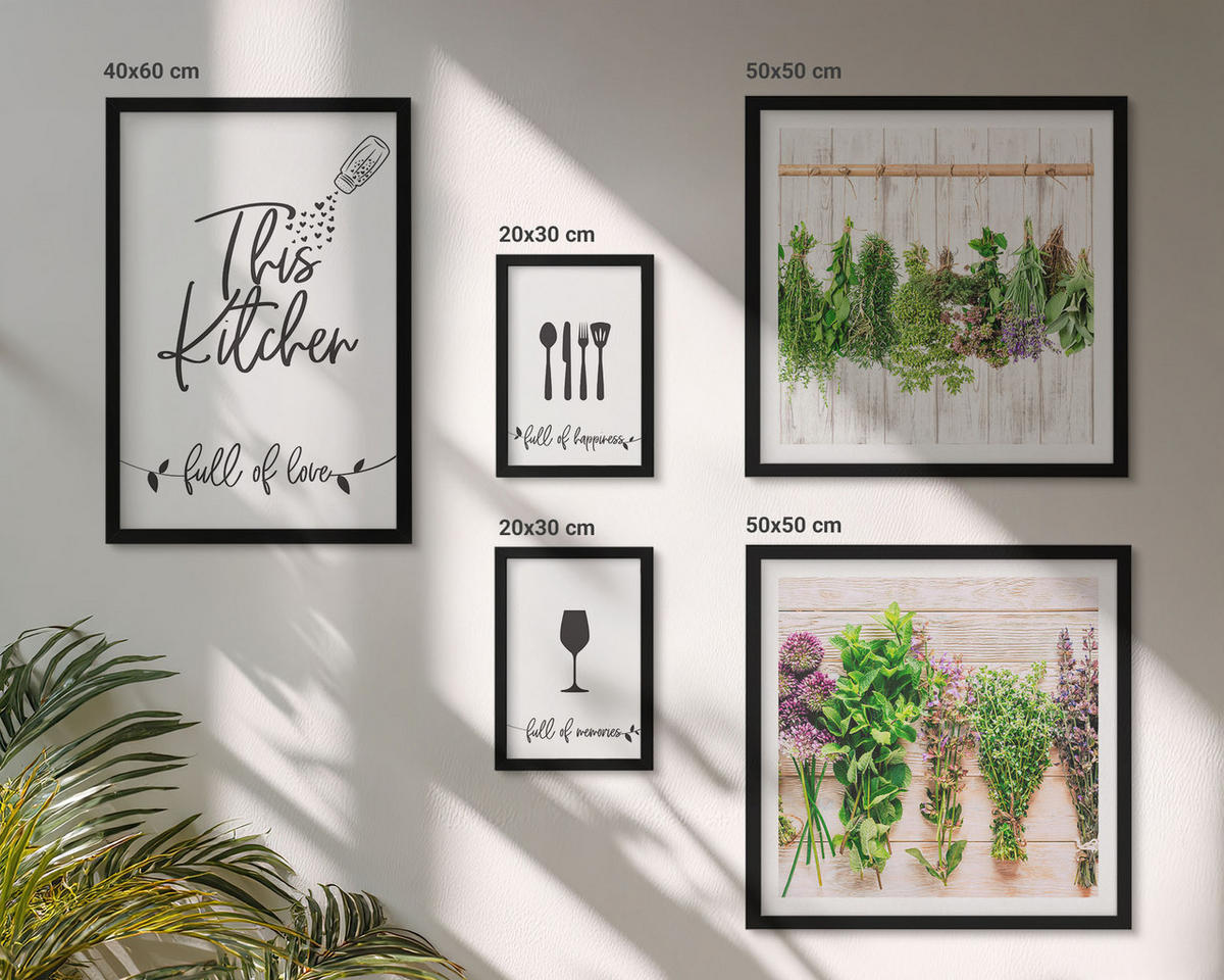BILDER SET 5er Set - 50x50 cm & 20x30 cm & 40x60 cm Schwarzer Rahmen - Tisch aus Zitronenbaum - Schwarz, Kunststoff (40/60cm) - TULUP
