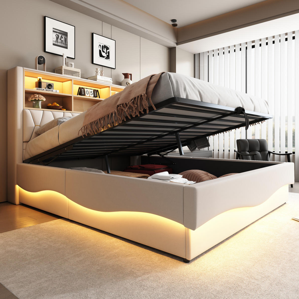 POLSTERBETT 180/200 cm mit hydraulischem Stauraum und LED-Beleuchtung - Beige, Metall (180/200cm) - OKWISH