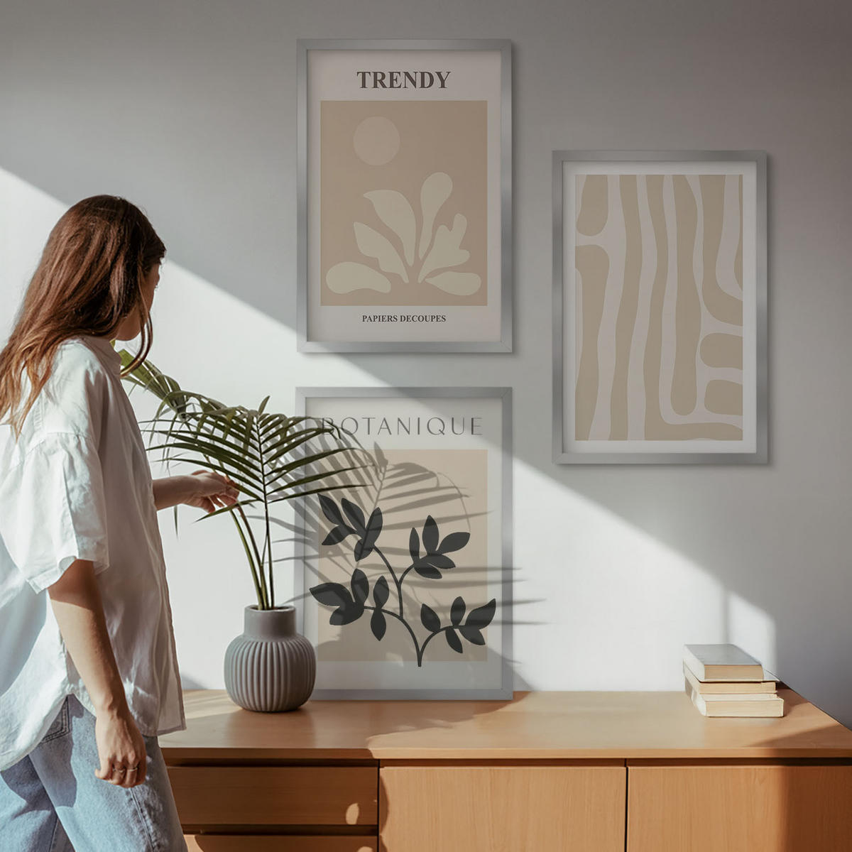 WANDBILDER 3er Set - 40x60 cm Silberner Rahmen - Stilvolle Pflanzenmuster in Beige und Schwarz - Silberfarben, Kunststoff (40/60cm) - ArtPrintCave