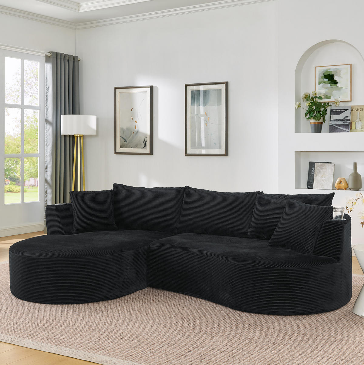 SOFA 3-Sitzer bogenförmig Schwarz mit Getränkehaltern - Schwarz, Textil (168/264cm) - Meubliv