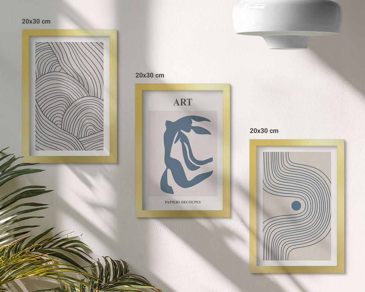 WANDBILDER 3er Set - 20x30 cm Goldrahmen - Abstrakte blaue Linien - Goldfarben, Kunststoff (20/30cm) - ArtPrintCave