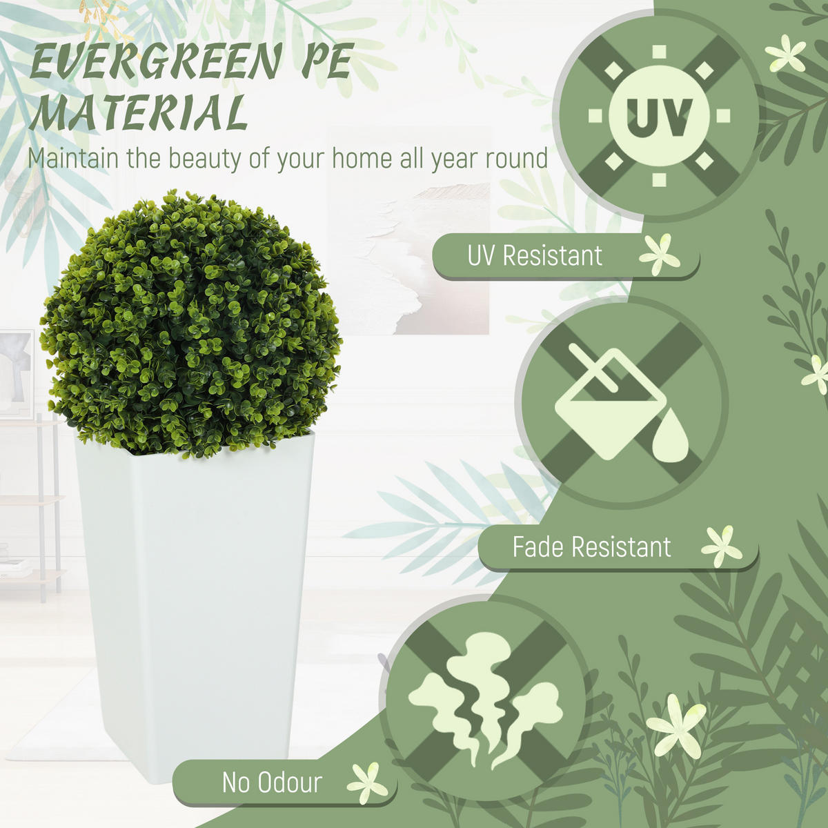 2ER-SET Künstlicher Eukalyptuskugeln 65 cm Kunstpflanze mit 330 Blättern im Topf - Weiß/Grün, Kunststoff (65cm) - HOMCOM