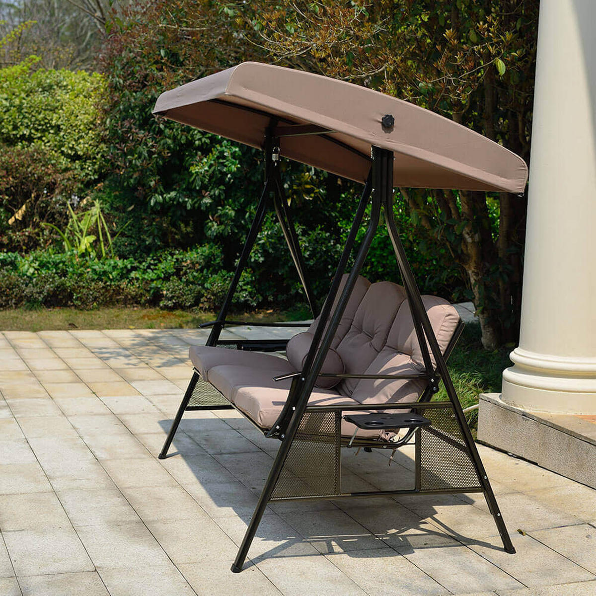 HOLLYWOODSCHAUKEL DESCANSO - Beige, Ohne Regenabdeckung - Beige, Textil/Metall (115/195/198cm) - Home Deluxe