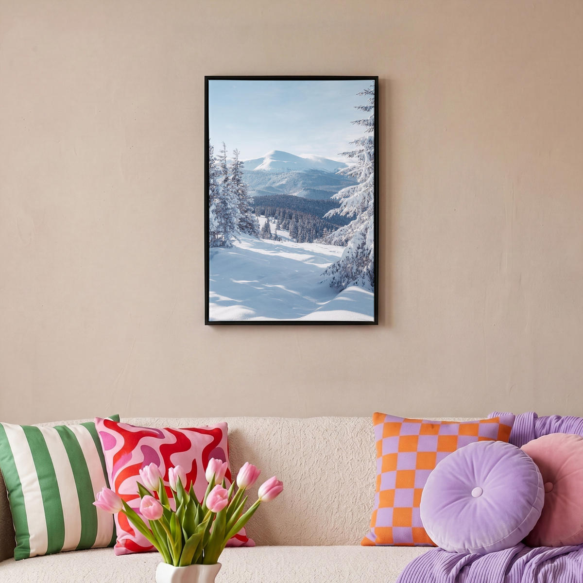 LEINWAND Bilder mit Rahmen - Winterlandschaft - Natur - Berge - Bäume - Schnee - 40x60 - Hellblau, Textil (40/60cm) - MuchoWow