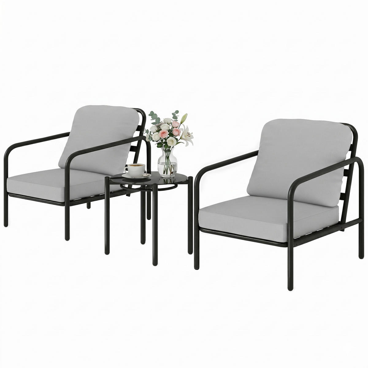 GARTEN-BEISTELLTISCHSET Schwarz, Hellgrau 3 Stück - Schwarz, Naturmaterialien (77/63/76cm) - GiPP