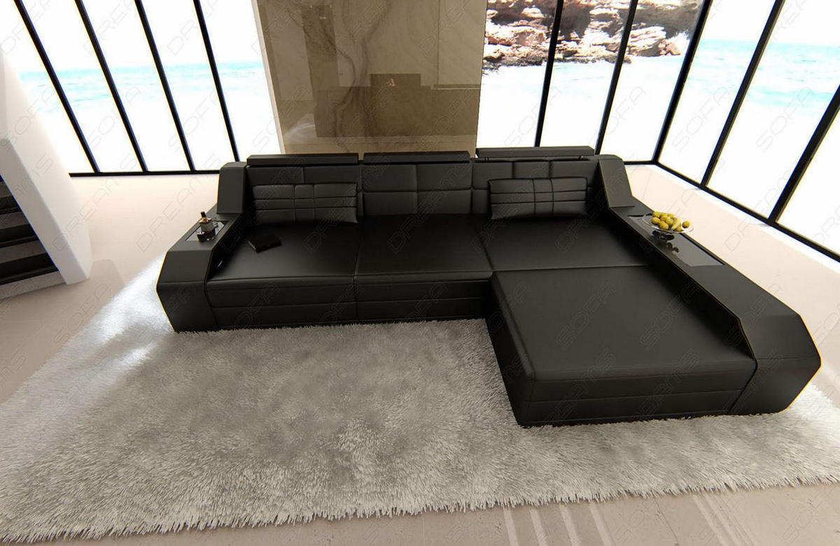 COUCH Arezzo L Schwarz Ledermix - Schwarz, Textil (308/194cm)