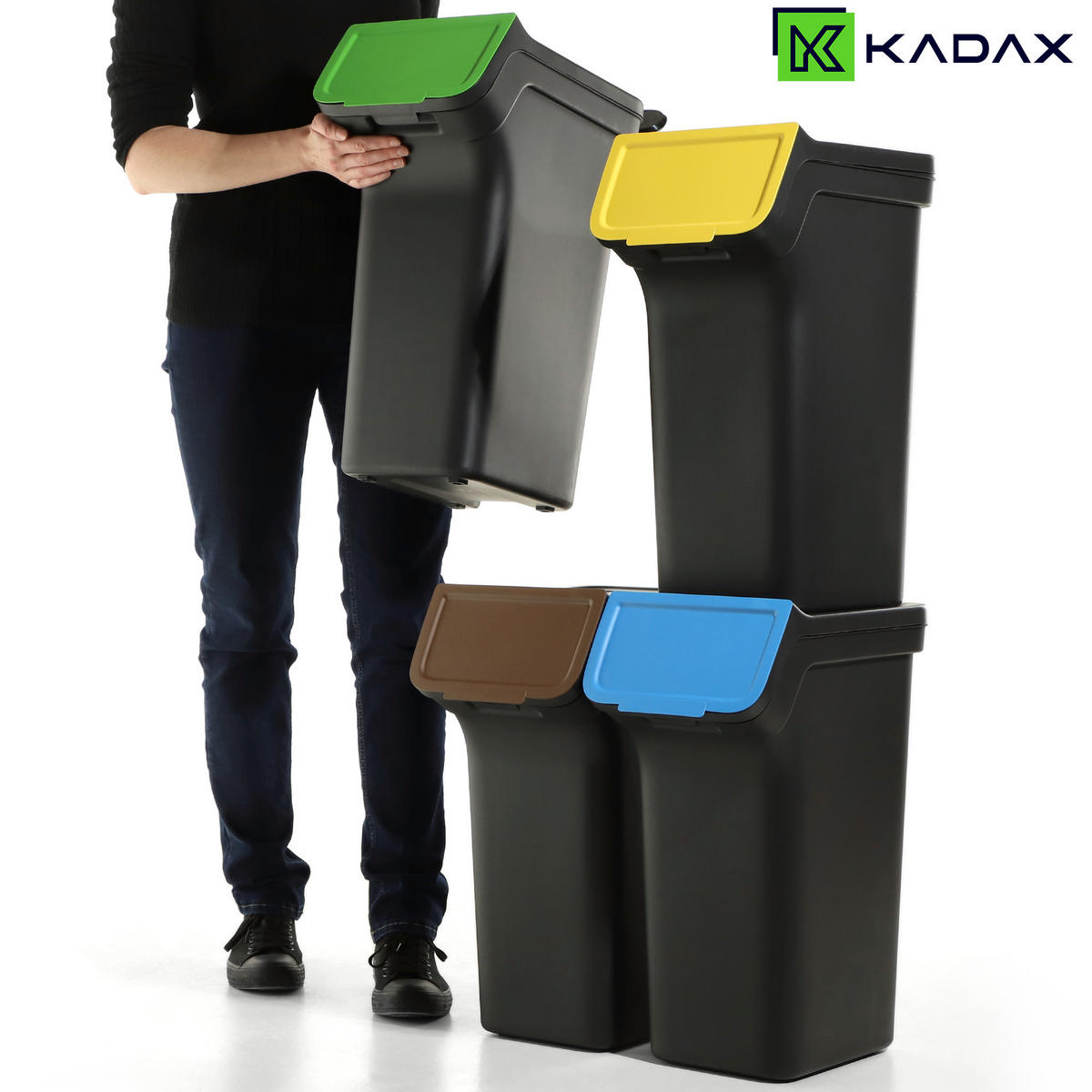 ABFALLBEHÄLTER mit Deckel, 4x25L, Schwarz - Blau/Gelb, Kunststoff (23/53cm) - KADAX