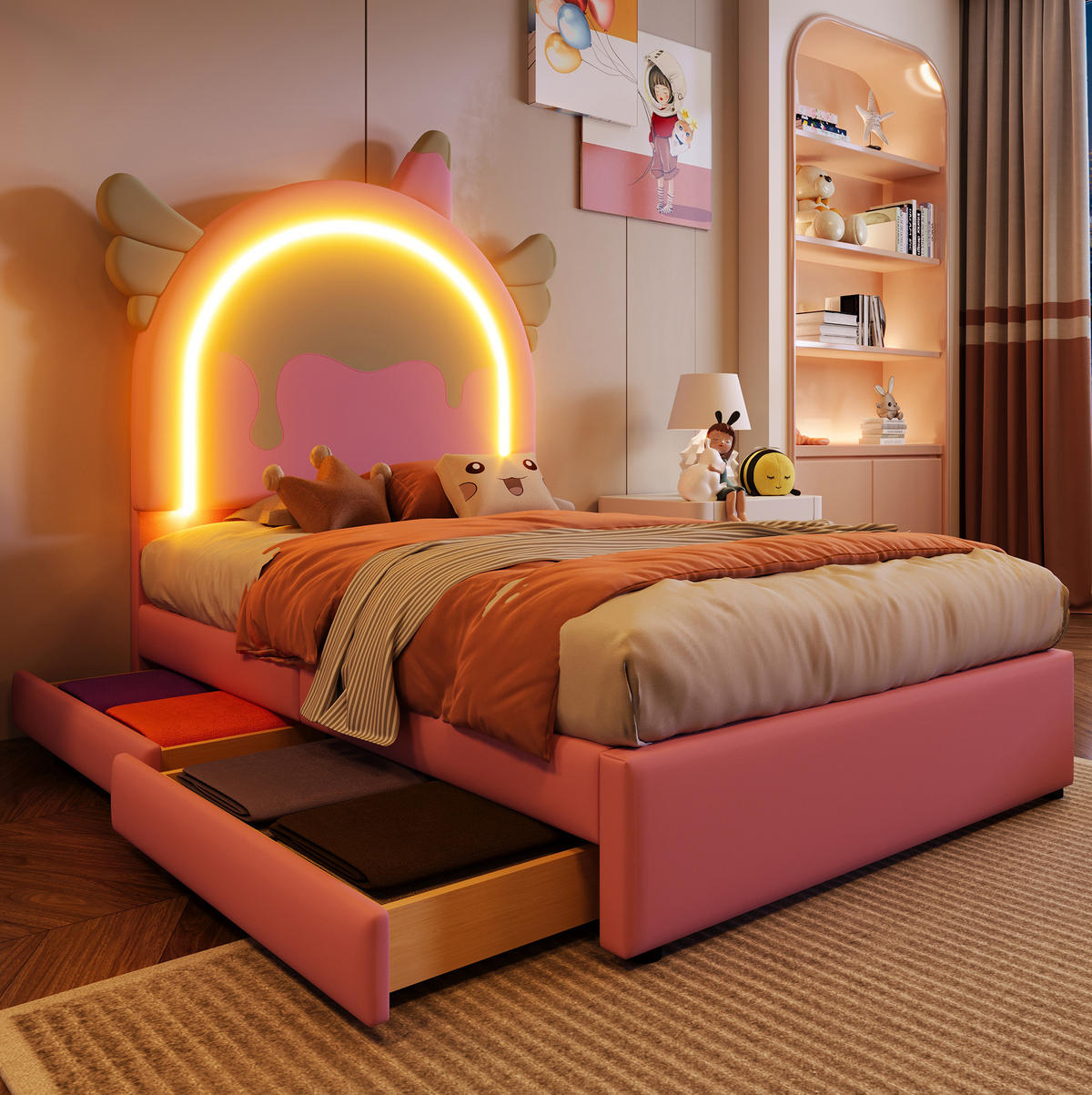 KINDEREINZELBETTEN aus Kunststoff 90x200 cm in Pink mit LED-Leiste & 2 Schubladen - Rosa, Kunststoff (90/200cm) - Modfu