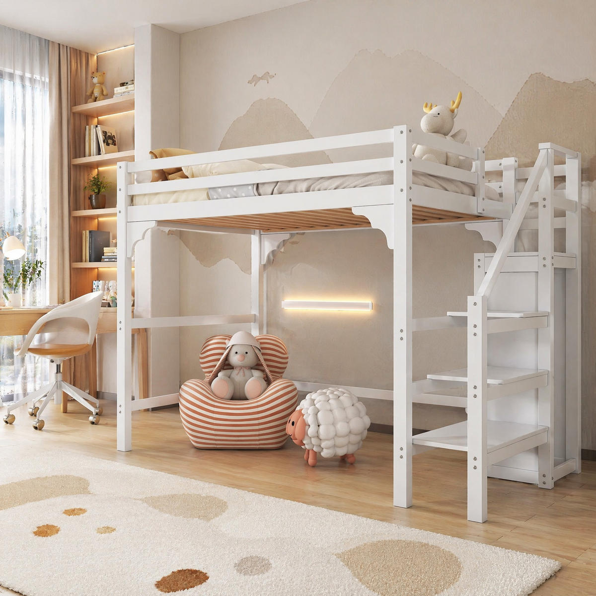 HOCHBETT 140/200 mit Kleiderschrank, Stauraumtreppe und Lattenrost in Weiß - Weiß, Holz (140/200cm) - EVRYAE