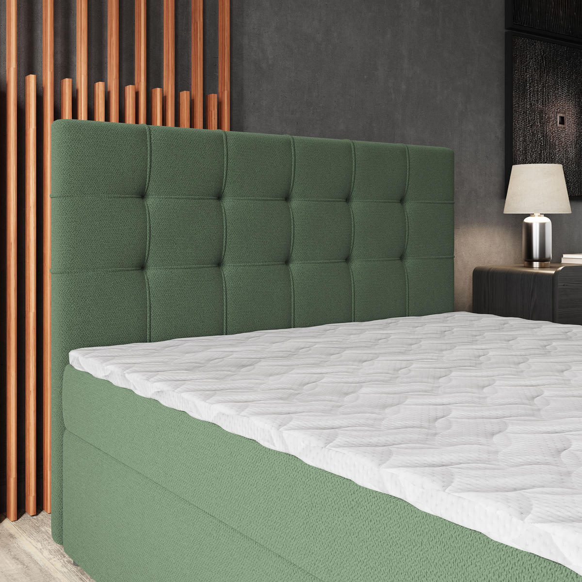 BOXBETT PALMA 180x200 cm mit Matratze und Topper, H2+H3 - Grün - Grün, Holz (180/200cm) - MASSENO