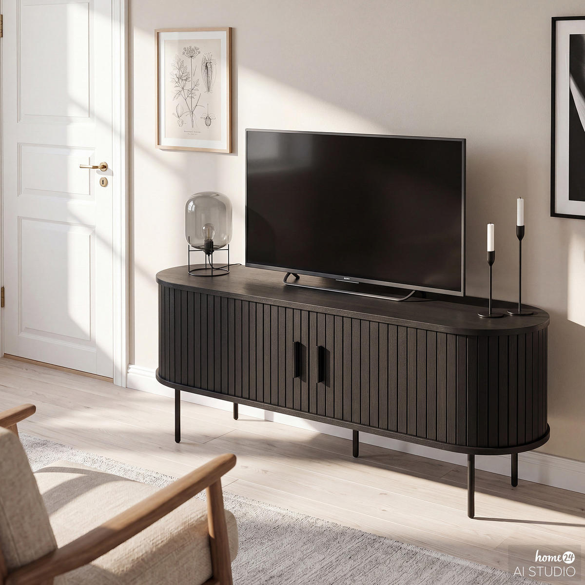 TV-LOWBOARD - MDF / Metall - Eiche - Eichefarben/Schwarz, Holzwerkstoff/Metall (120/55/40cm) - home24