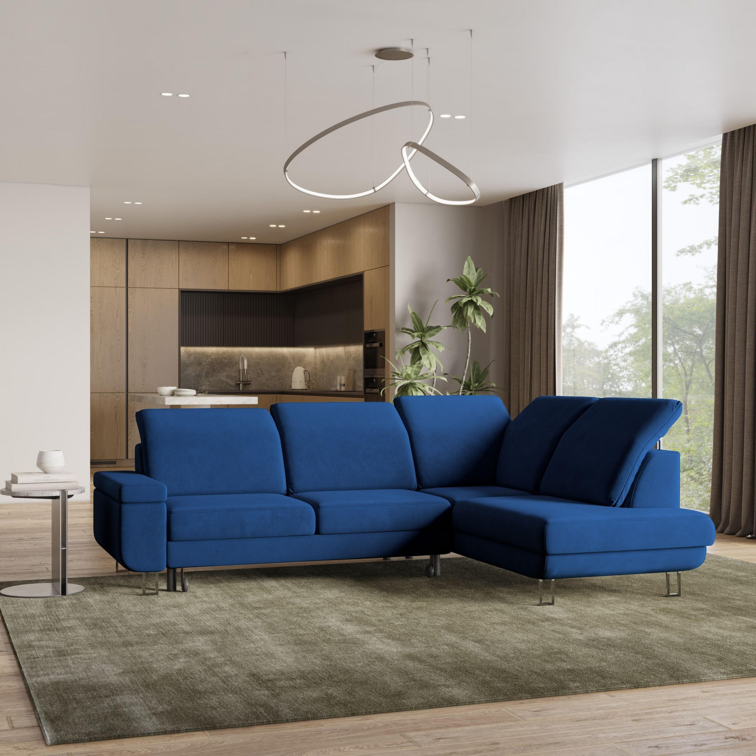 ECKSOFA LERMA R-S Blau Velours-Stoff mit Schlaffunktion - Blau, Holz (253/190cm) - MASSENO