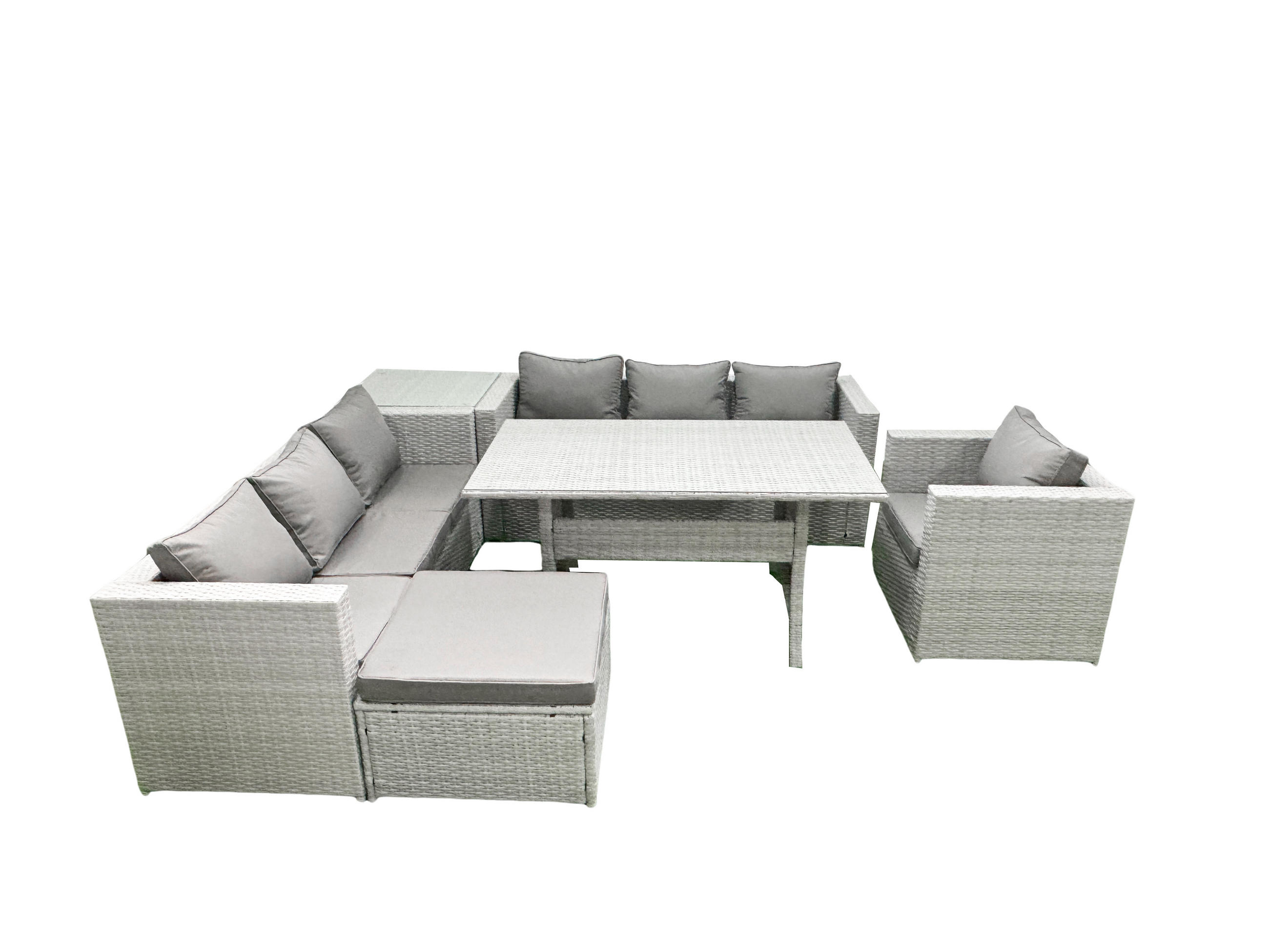 GARTENMÖBEL SET mit 3-Sitzer-Sofa und Sessel, Esstisch,Beistelltisch,Großer Fußhocker Polyrattan Hellgrau 8-Sitzer - Hellgrau/Grau, Glas/Kunststoff - Fimous