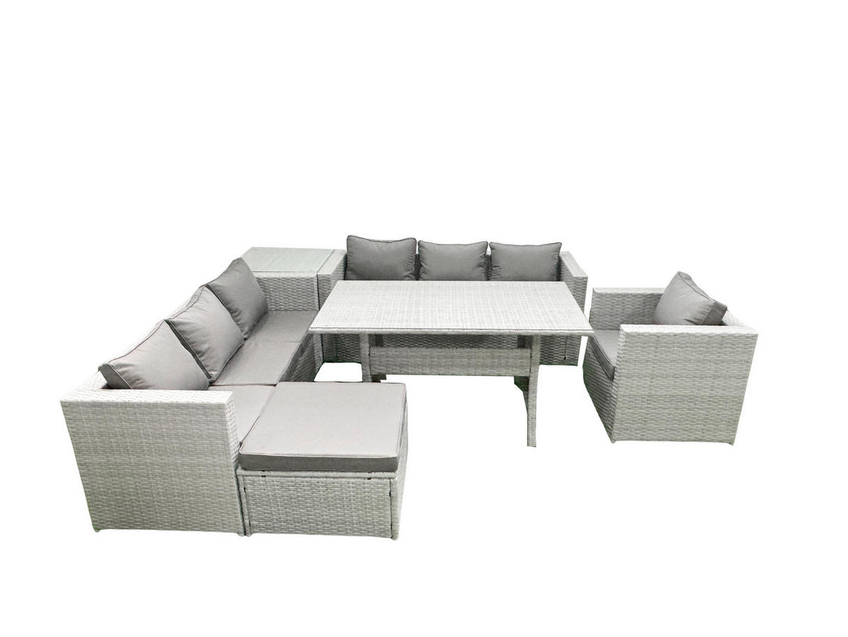 GARTENMÖBEL SET mit 3-Sitzer-Sofa und Sessel, Esstisch,Beistelltisch,Großer Fußhocker Polyrattan Hellgrau 8-Sitzer - Hellgrau/Grau, Glas/Kunststoff - Fimous