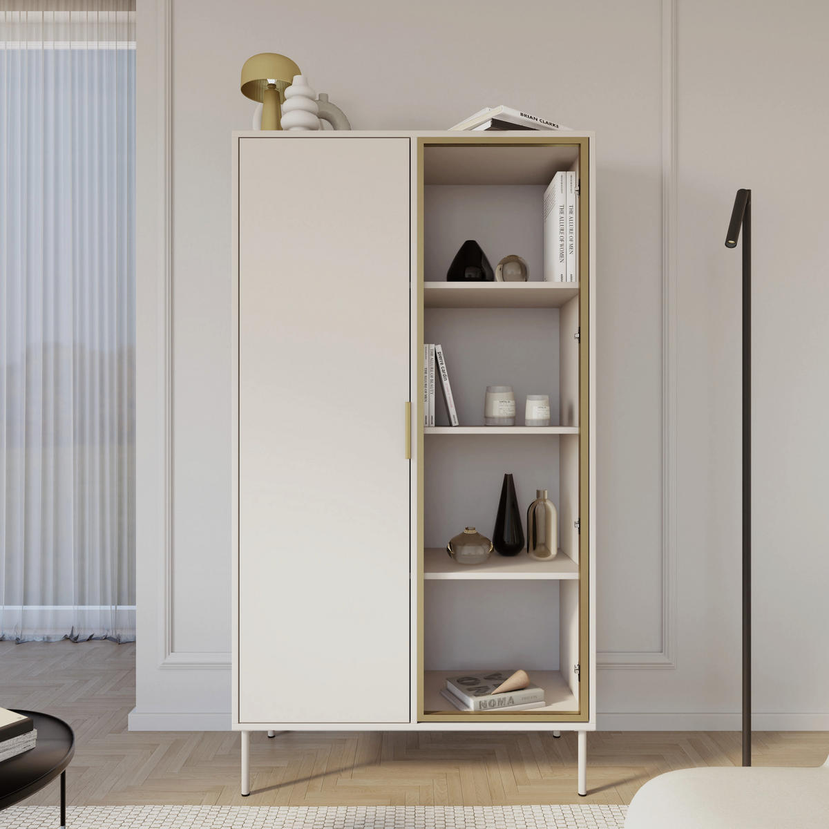 VITRINE Vena Kaschmir 90 cm - Kaschmir/Goldfarben, Holzwerkstoff/Kunststoff (90/160.2/40cm) - Selsey
