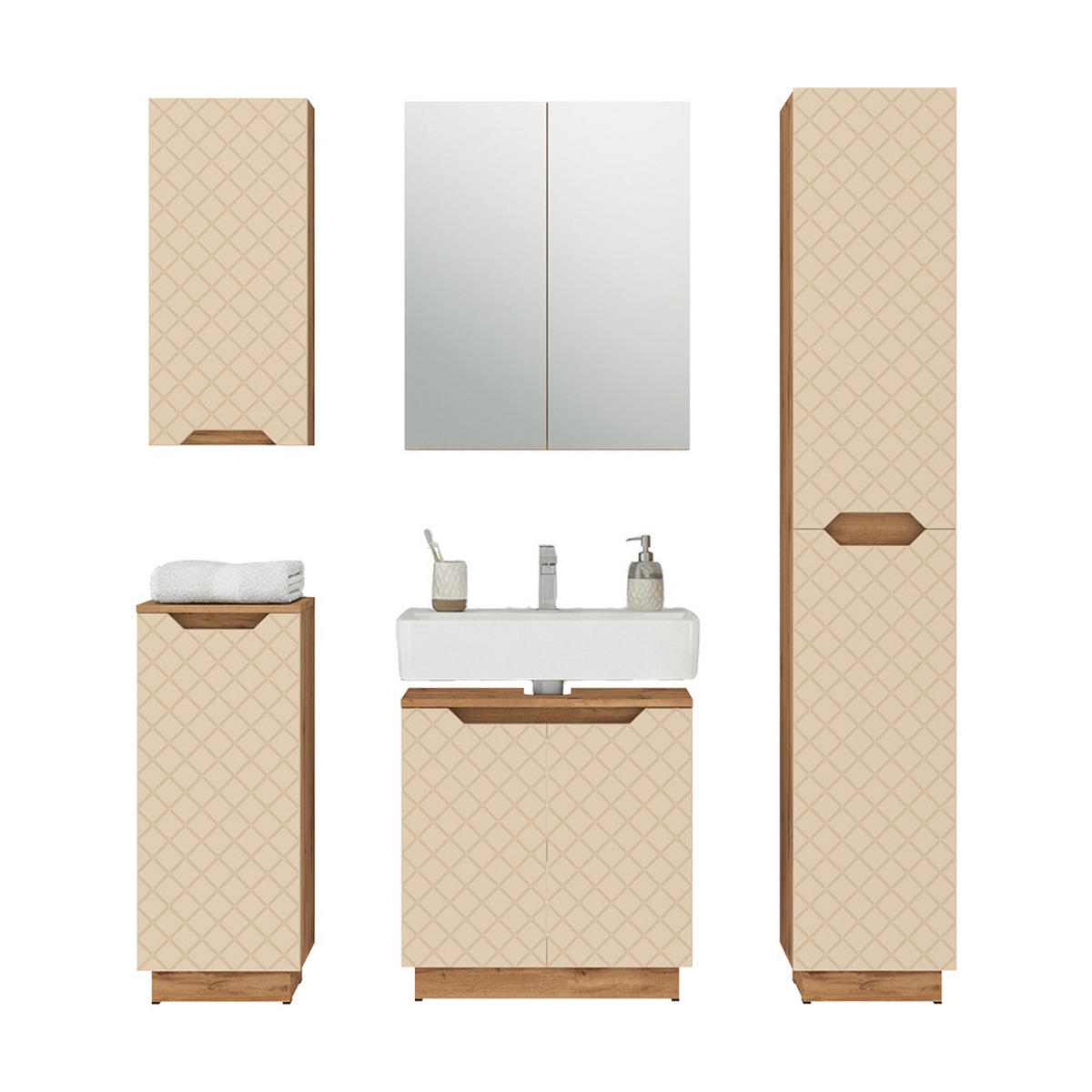 BADMÖBEL-SET Lotta Eiche/Kaschmir mit Kachelstruktur 5 Teile - Kaschmir/Eichefarben, Holzwerkstoff (59.8/62.1/32cm) - Vicco