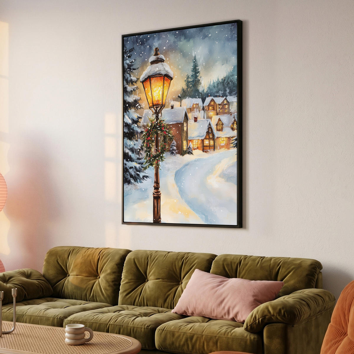 LEINWAND Bilder mit Rahmen - Weihnachtsdorf - Häuser - Schnee - Weihnachten - 80x120 - Sandfarben, Textil (80/120cm) - MuchoWow