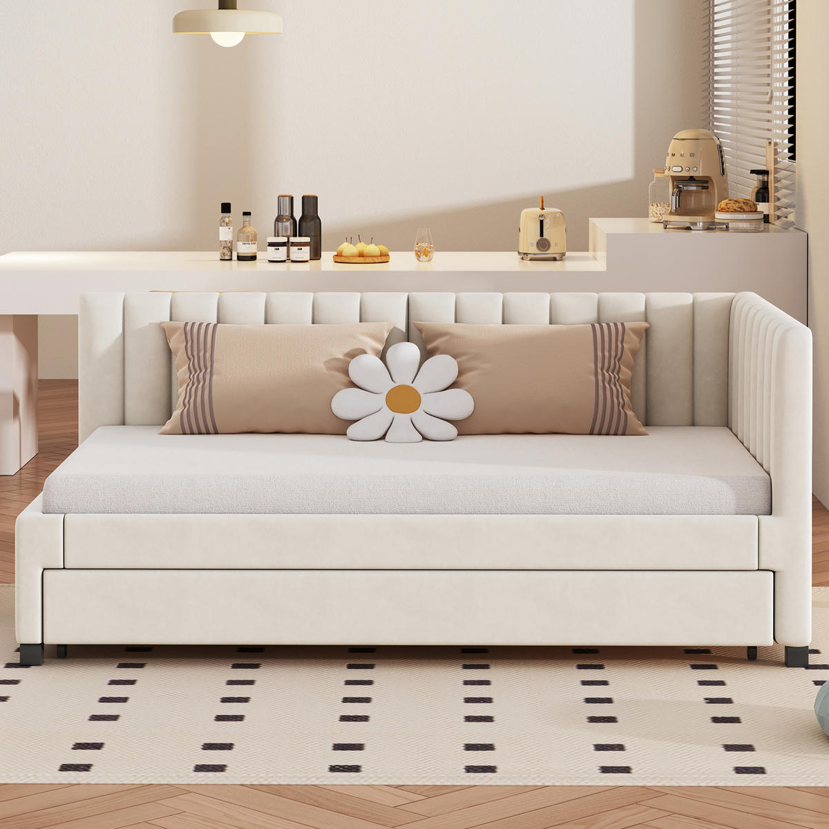 SCHLAFSOFA 90/200 cm in Beige Samt mit Ausziehbett - Beige, Holzwerkstoff/Textil (90/200cm) - WISHDOR