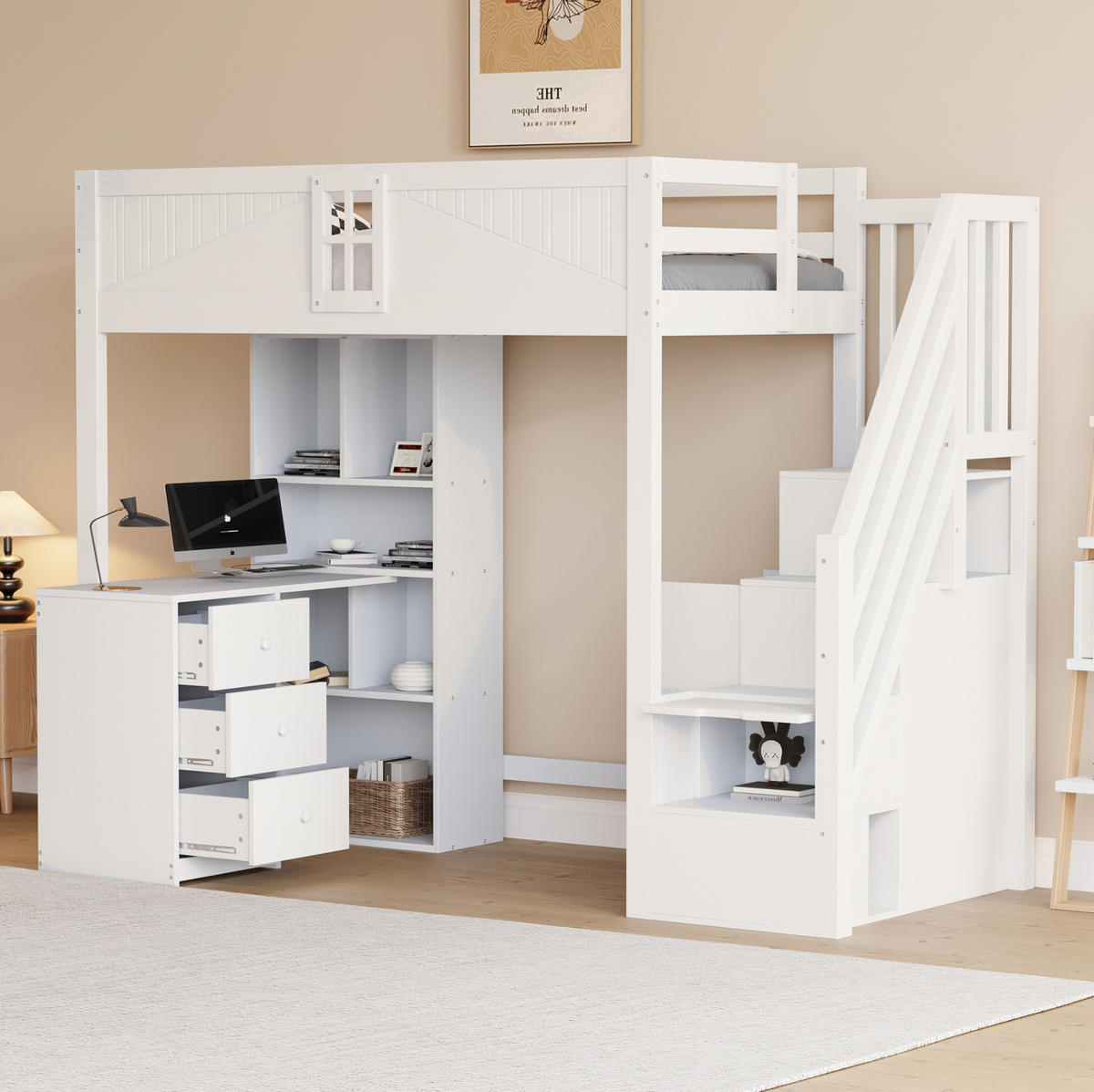 HOCHBETT 90/200 cm mit Schreibtisch, Schränken, Schubladen und variabler Stauraumleiter aus Massivholz, Weiß - Weiß, Holz (90/200cm) - Redom