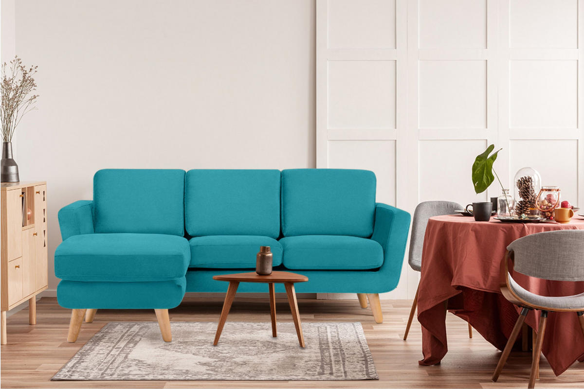3-SITZER-ECKSOFA-LINKS TAGIO mit Ottomane , blau - Türkis/Braun, Buchenholz/Textil (190/151cm) - KONSIMO®