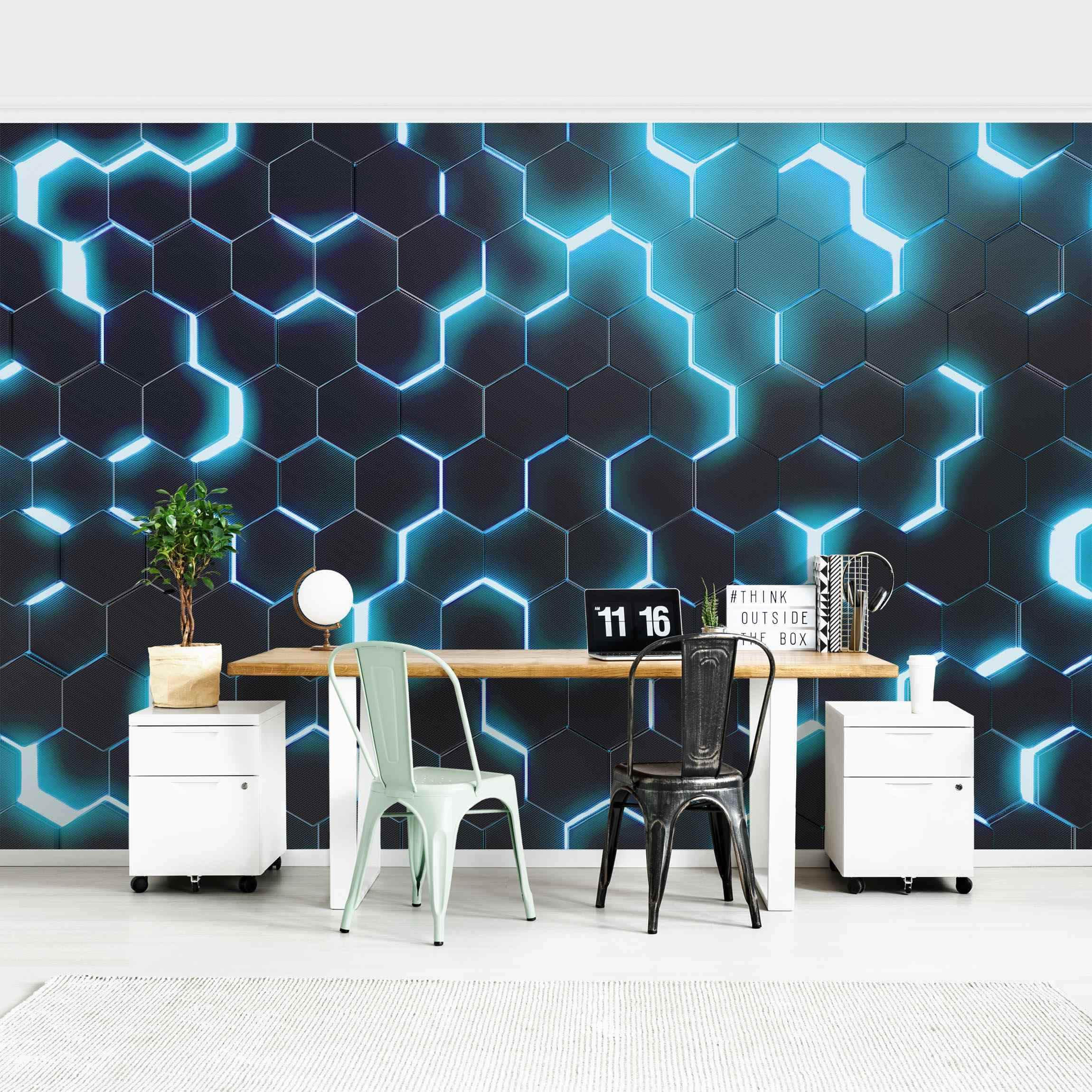 FOTOTAPETE Strukturierte Hexagone mit Neonlicht in Türkis 336/225 cm - Schwarz, Papier (336/225cm) - Bilderwelten