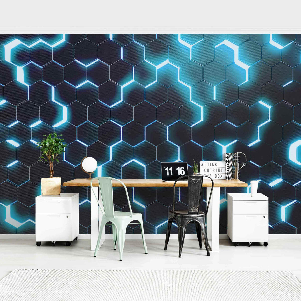FOTOTAPETE Strukturierte Hexagone mit Neonlicht in Türkis 288/190 cm - Schwarz, Papier (288/190cm) - Bilderwelten
