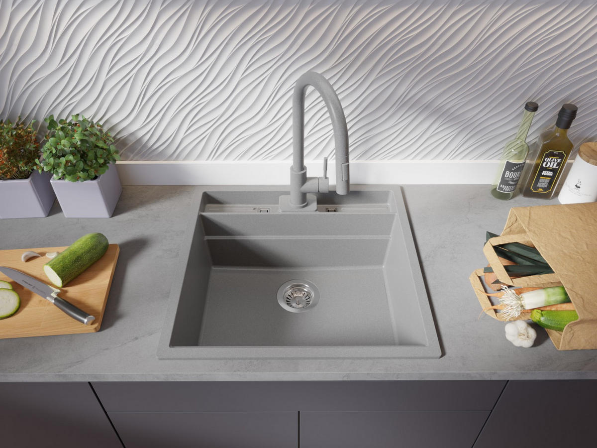 GRANITSPÜLE Bergen Pocket, 2-er set Grau 56/54 cm 1 Becken + Küchenarmatur 38/14 cm + Ablauf-Set + Küchenzubehörset ab 60er Unterschrank - Chromfarben/Beige, Kunststoff (56/20/54cm) - Primagran