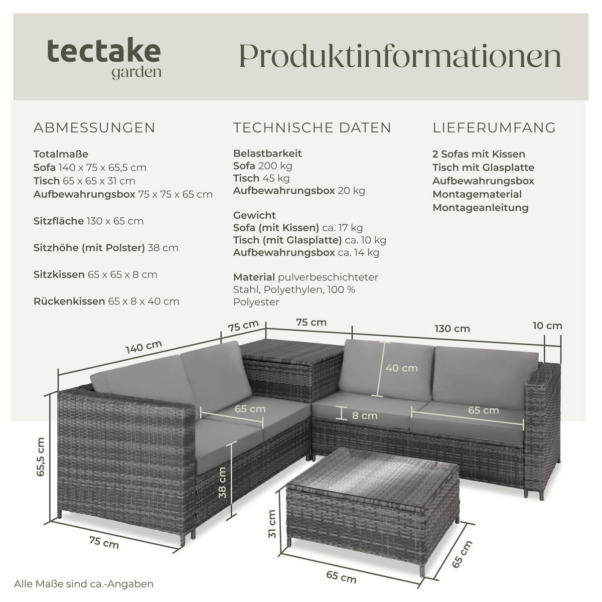 RATTANLOUNGE Siena,mit Sicherheitsglasplatte,grau/hellgrau - Grau, Kunststoff - tectake